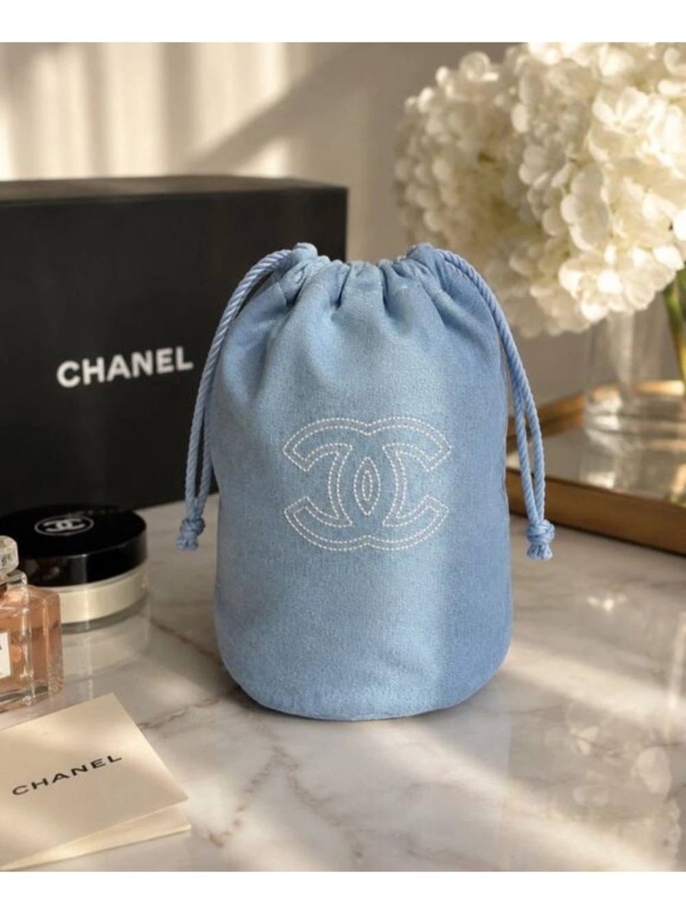 New Chanel Beauty GWP Light Blue Denim Drawstring Pouch Makeup Cosmetic Bag